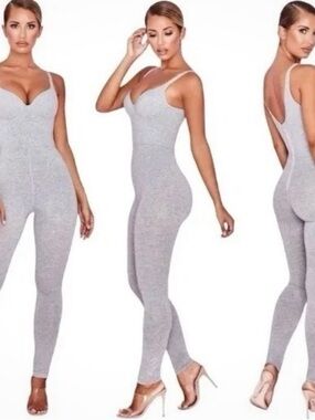 House of CB Kalani Gray Loungewear Jumpsuit Underwire Bodycon Small Zipper S